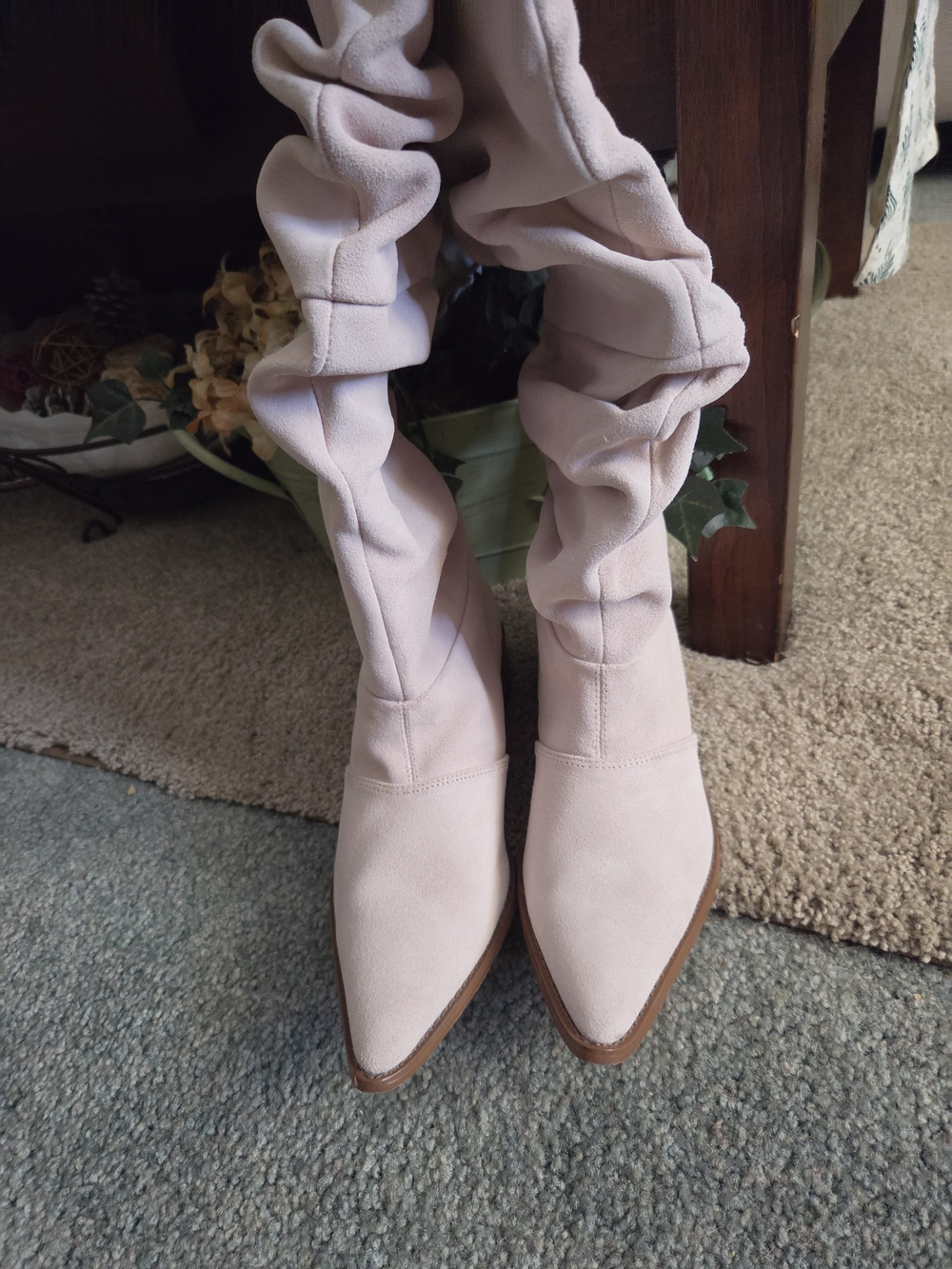 Knee-High Slouchy Pointed Toe Women's Boots in Light Pink